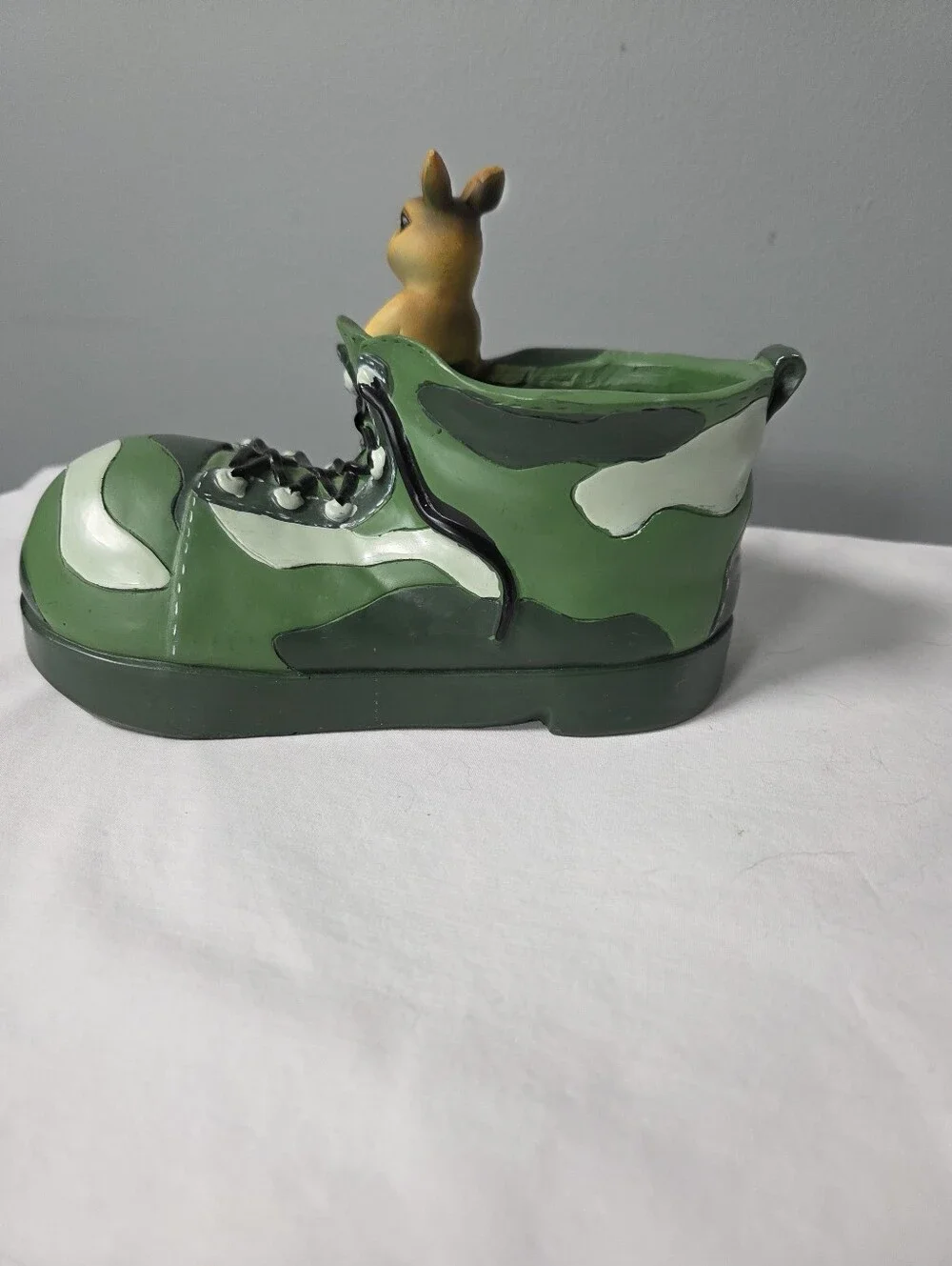 Vintage Ceramic Decorative Camouflage  Boot Planter With Chipmunk/ Squirrel